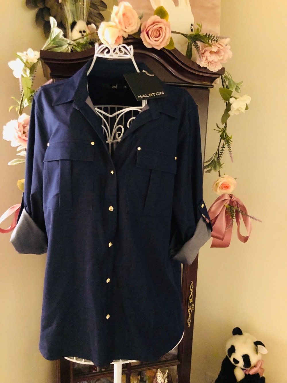 NWT From Macys Halston Button Up Collared Denim Top in Marina SZ XL